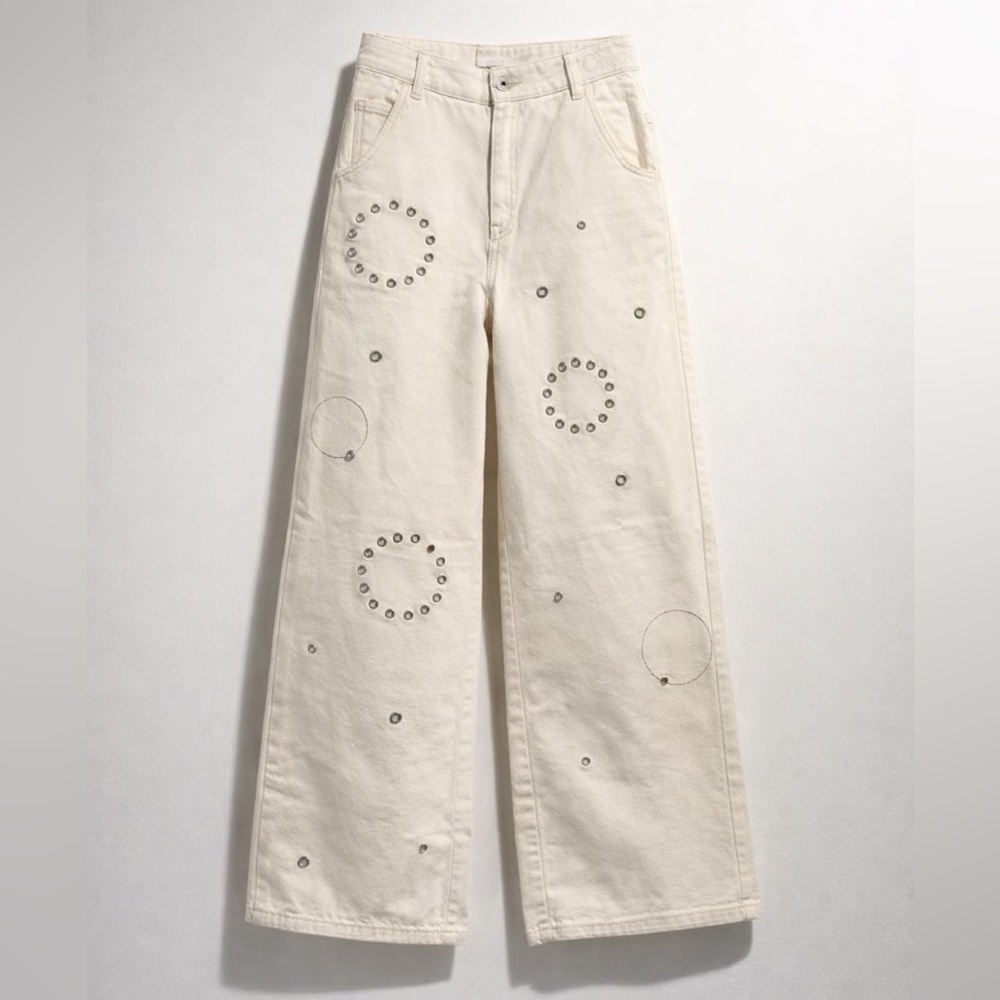 Chloe white denim jeans with grommet detail in circle shapes, kids 12, EUC